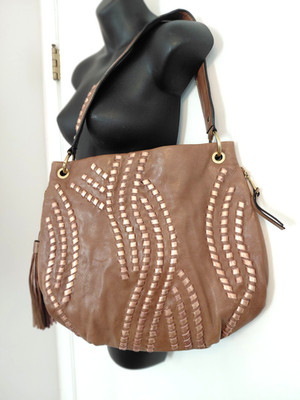 Firenze Bella Leather Hobo Shoulder Bag Tan Taupe Braided Gold Detail Roomy