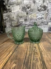Green Wexford Glass Sugar and Creamer Diamond Cut Pattern