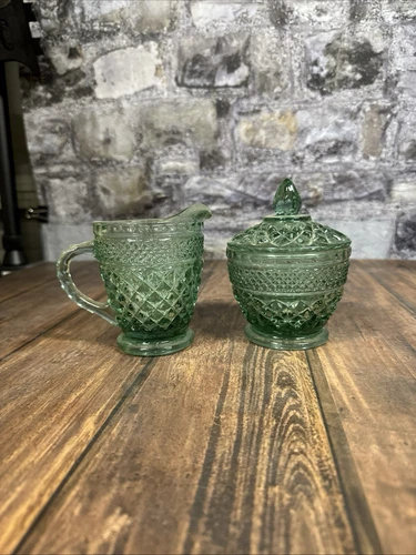 Green Wexford Glass Sugar and Creamer Diamond Cut Pattern