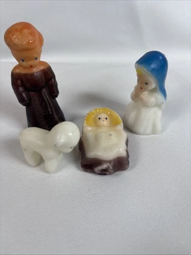 Vintage Gurley Holy Family Nativity Wax Candles Mary Joseph Baby Jesus Set of 4 - product listing photo