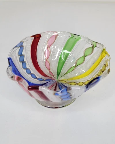 Vintage Murano Glass Italy Latticino Multicolored Ruffled Bowl Read