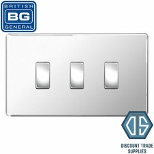 BG Polished Chrome Screwless 3 Gang light Switch in Double Format Custom Grid