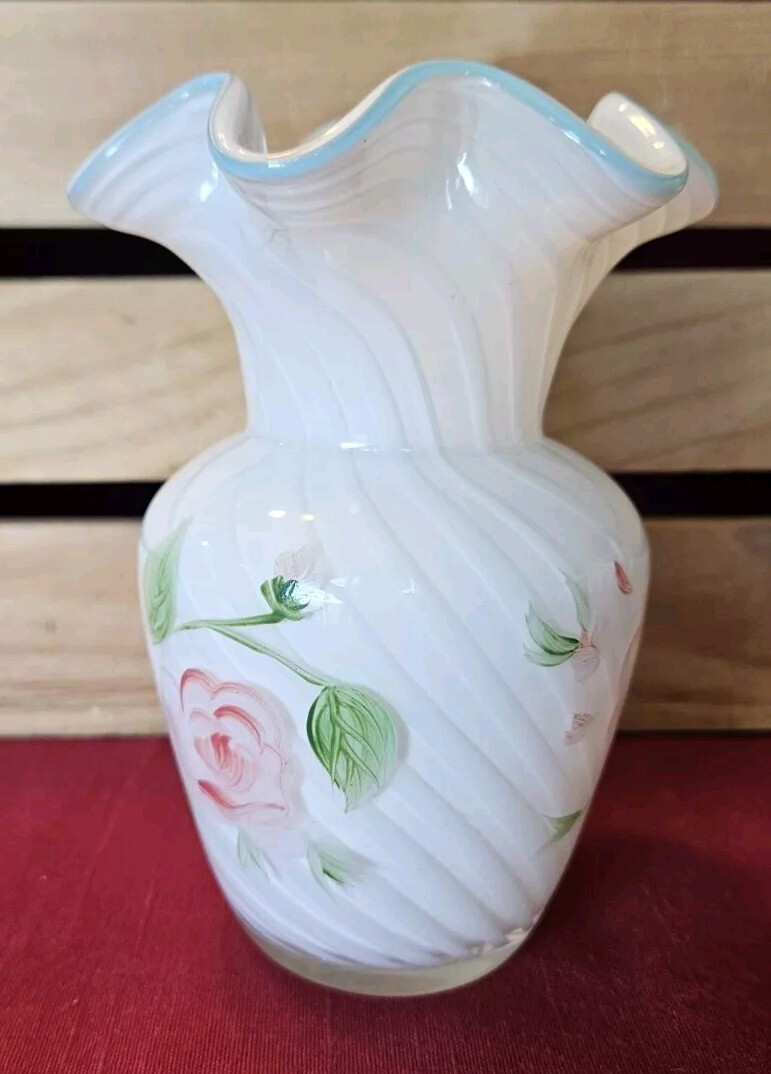 Fenton For Teleflora Ruffle Top Hand Painted Floral Rose Hand Blown Vase