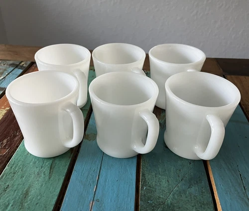 Vintage MCM Fire King Milk Glass 8 Oz Coffee Cups D Handle Mugs White Lot of 6