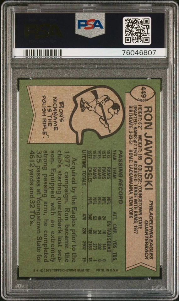 1978 Topps Ron Jaworski #449 PSA 6 Eagles Great! - Image 2 of 2