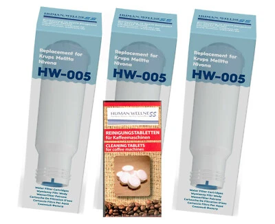 HUMAN-WELLNESS 3 x Cartucho de filtro HW-005 para Aqua Pro Melitta Barista T TS Solo Caffeo + 10 pestañas