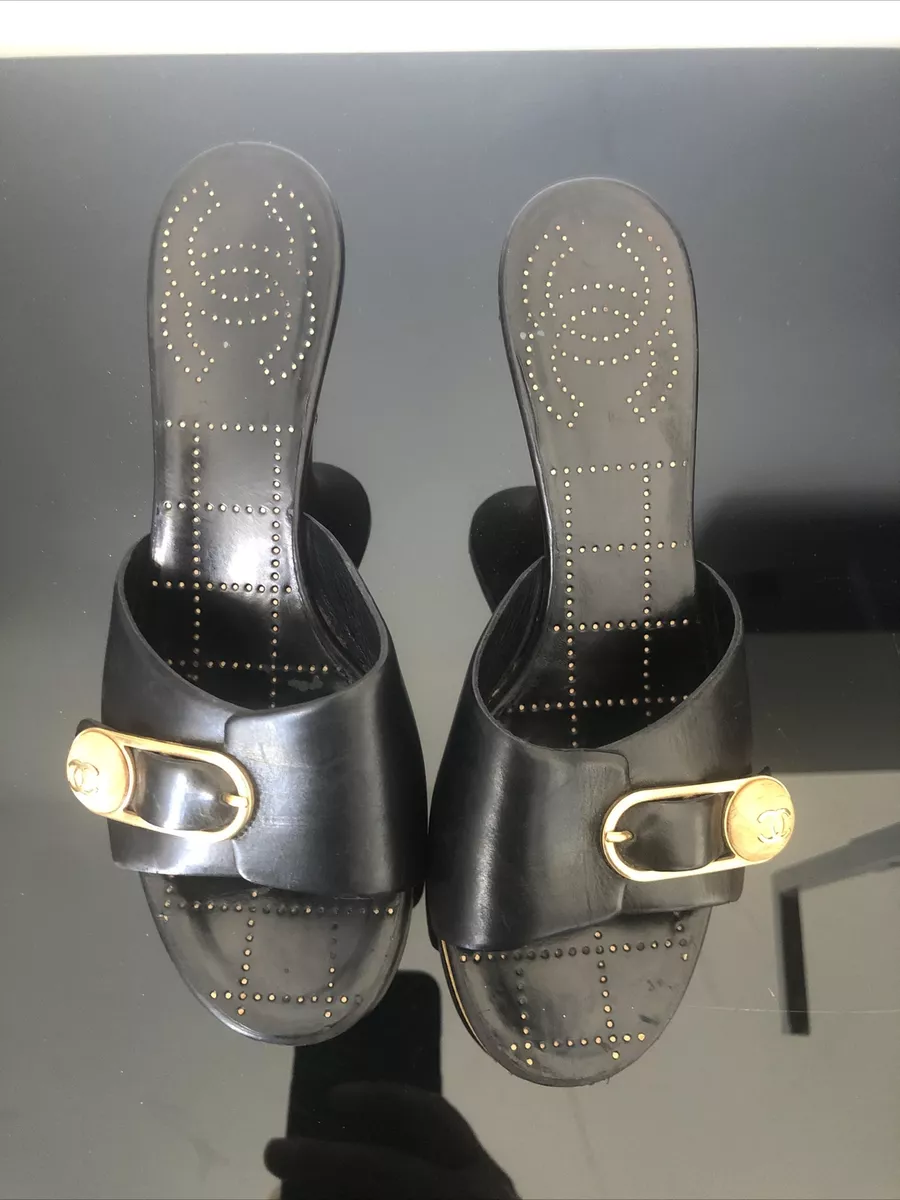 Chanel Black sandals high hell mules size 36 wooden platform