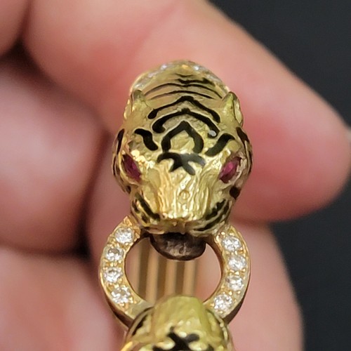Tiger Heads Diamond & Ruby Enameled 18Kt Gold Hinged Bangle Bracelet France - Picture 7 of 12