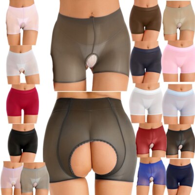 Womens Open Crotch Sheer Panties Stretchy Boxer Glossy Briefs Shorts Underwear