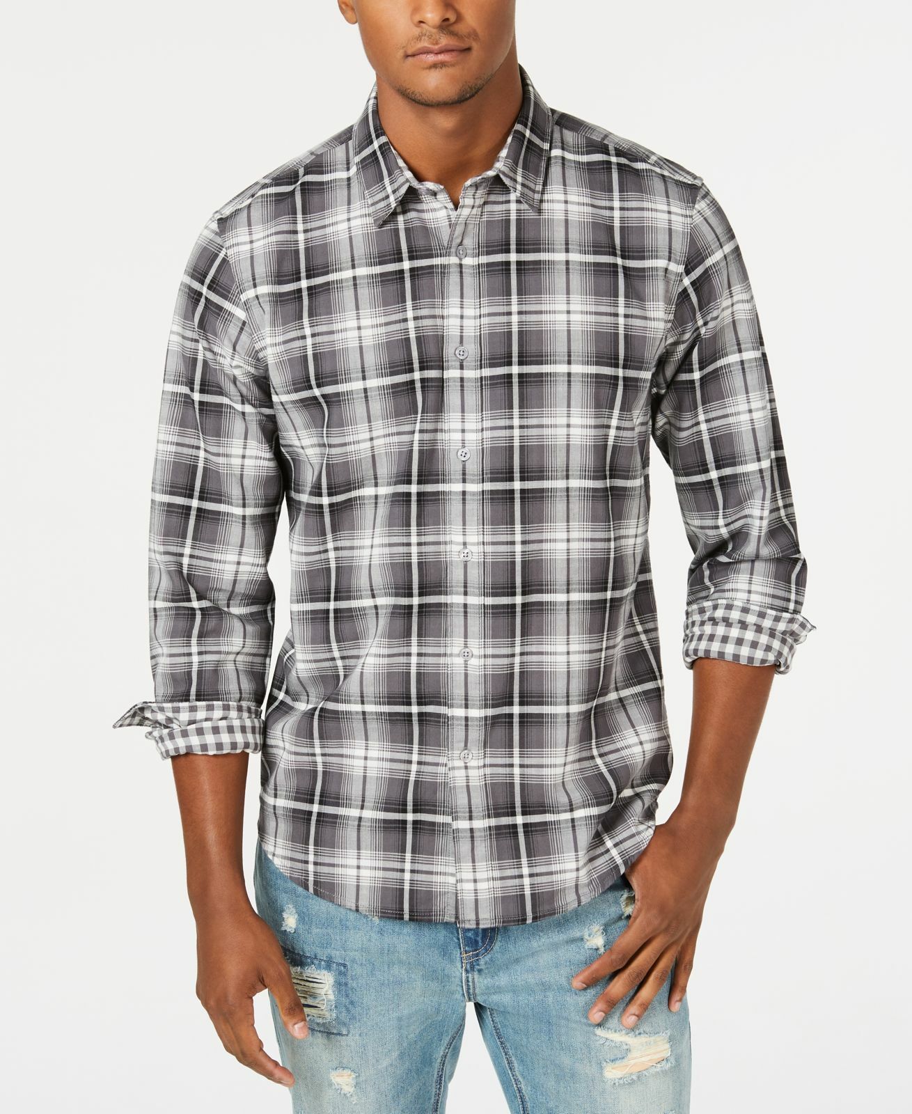 $99 American Rag Mens Regular Fit Gray White Black Plaid Long Sleeve ...