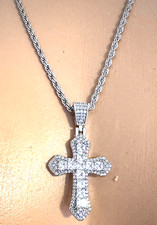 Fashion Unisex Stone Silver-Plated CZ Pendant Cross Cuban Chain Necklace 24
