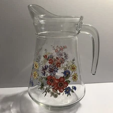 Vintage France Clear Glass Pitcher 8.25" H Colorful Country Floral 6 Cup 48 Oz