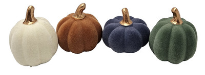 Set of 4 Velvet Flocked Pumpkins for Fall Decor with GoldStems