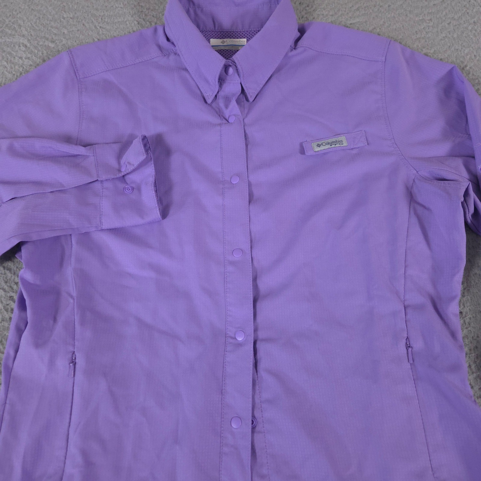 Columbia Shirt Womens Medium Purple Tamiami II PFG Roll Tab Long Sleeve Monogram