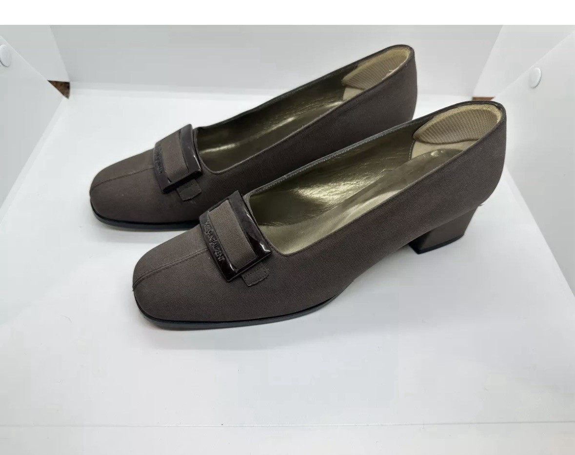 Decolte Yves Saint Laurent YSL vintage punta quadrata tacco grosso marrone donna taglia 7