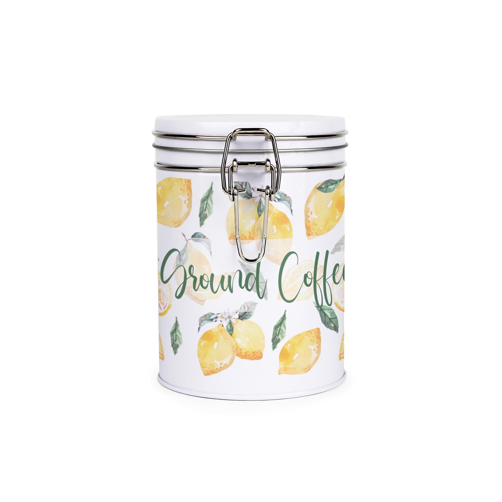 Lemon Print Ground Coffee Canister - Stylish Metal Clip-Lid Kitchen Storage Gift