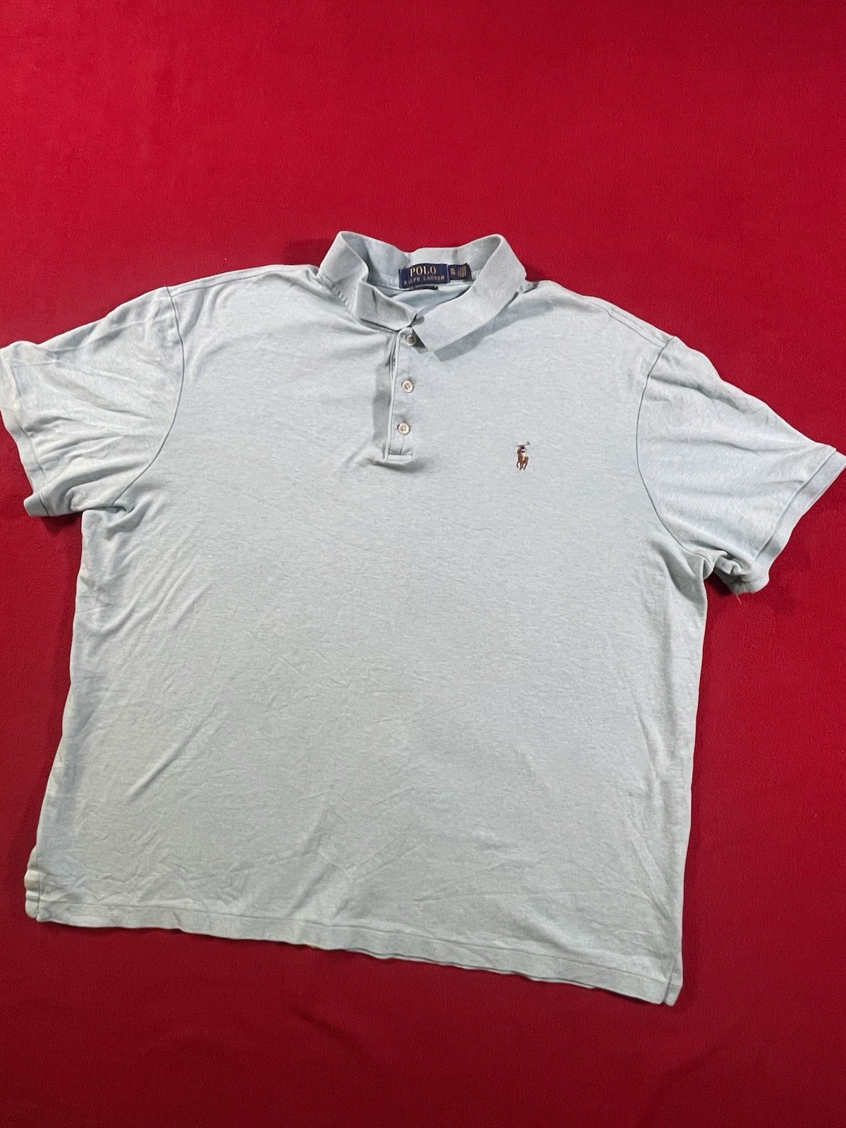 Ralph Lauren camicia abbottonata uomo XL blu vestibilità personalizzata manica corta carne pony