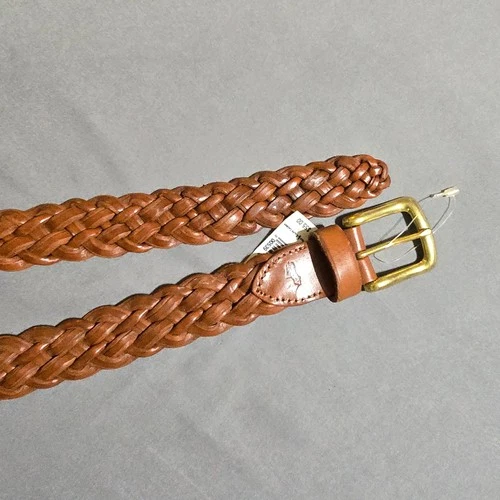Polo Ralph Lauren Braided Belt Mens Size 40 Cognac Brown Leather Brass Woven NEW