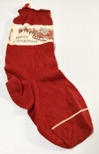 Vtg Merry Christmas Stocking Red White Santa on Sleigh with Reindeer 1930's