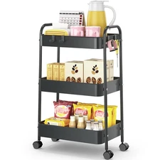 3 Tier Rolling Storage Cart Metal Utility with Hooks Trolley on Wheels Organizer