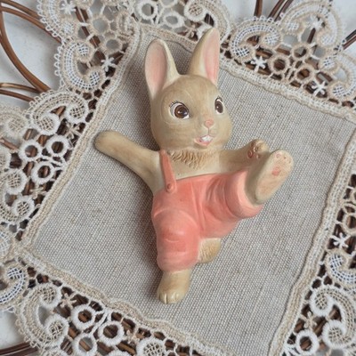 Vintage 70s Ceramic Bunny Rabbit Figurine Shelf Sitter Peach Overalls Playful