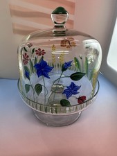 Small Medium Hand Painted Glass Cake Stand w/Dome Lid Floral Pattern Dessert