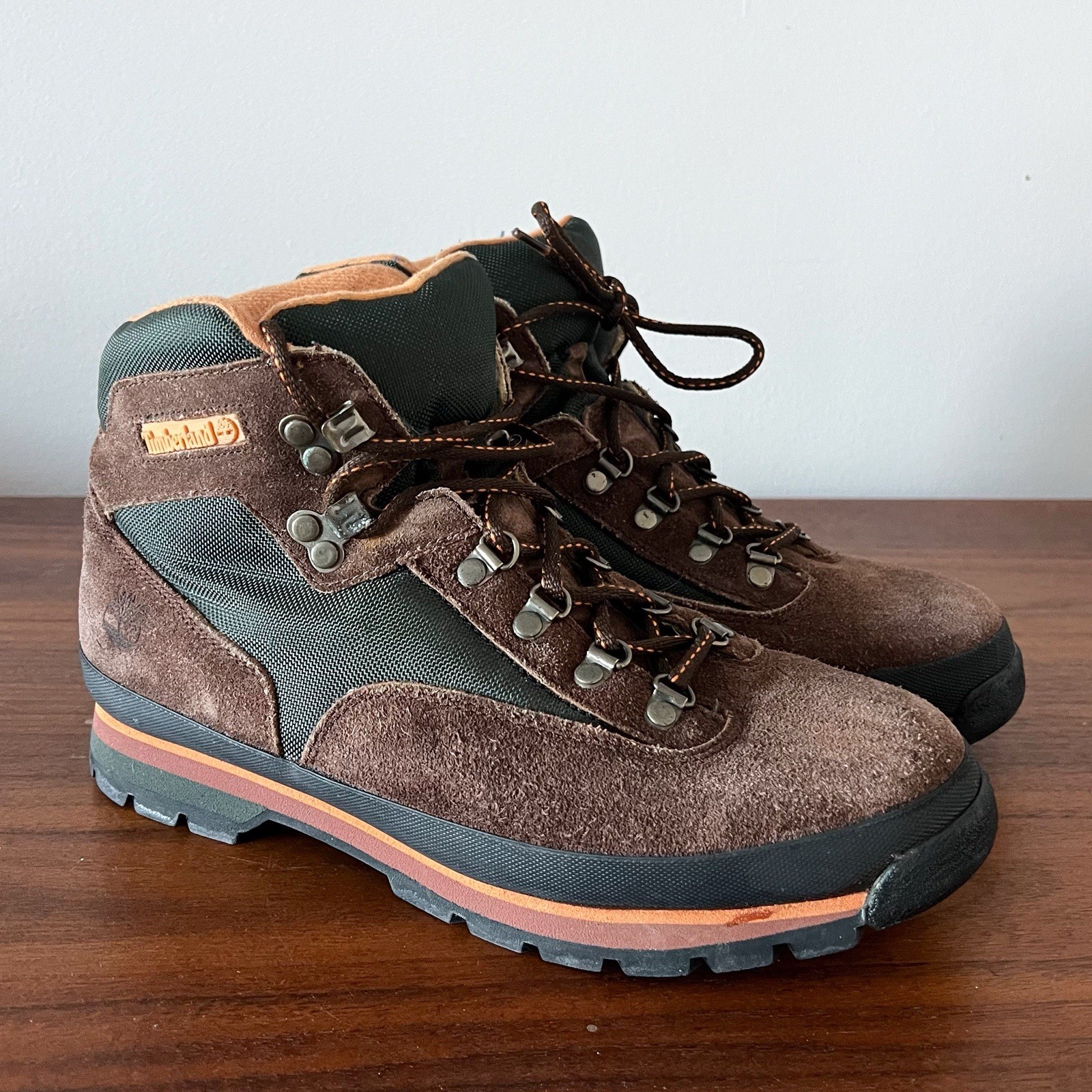 Timberland Euro Hiker Boots Brown Suede Green Canvas Men’s Size 9 Vintage 90s