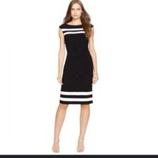 Lauren Ralph Lauren Black And White Striped sleeveless Rouched Sheath Dress 8