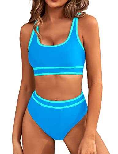 Women's High Waisted Bikini Sets Sporty Two Piece Swimsuits Color Block Cheek... - Picture 1 of 8