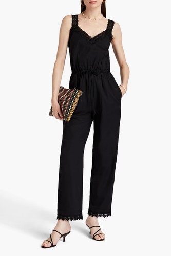CHARO RUIZ IBIZA Lace-Trimmed Jumpsuit Black Elastic Waist Size L Cotton Blend - 第 1/14 張圖片
