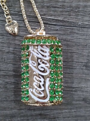 Eclectic Whimsical COLA LIME GREEN SODA CAN Rhinestone Pendant Necklace 