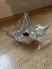 Vintage Murano Hand Blown  Stretched Multicolor Art Glass Basket Bowl Tagged