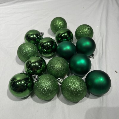 15 Mix Green Shatterproof Ornaments, Silver Holder Mate Glitter Shiny