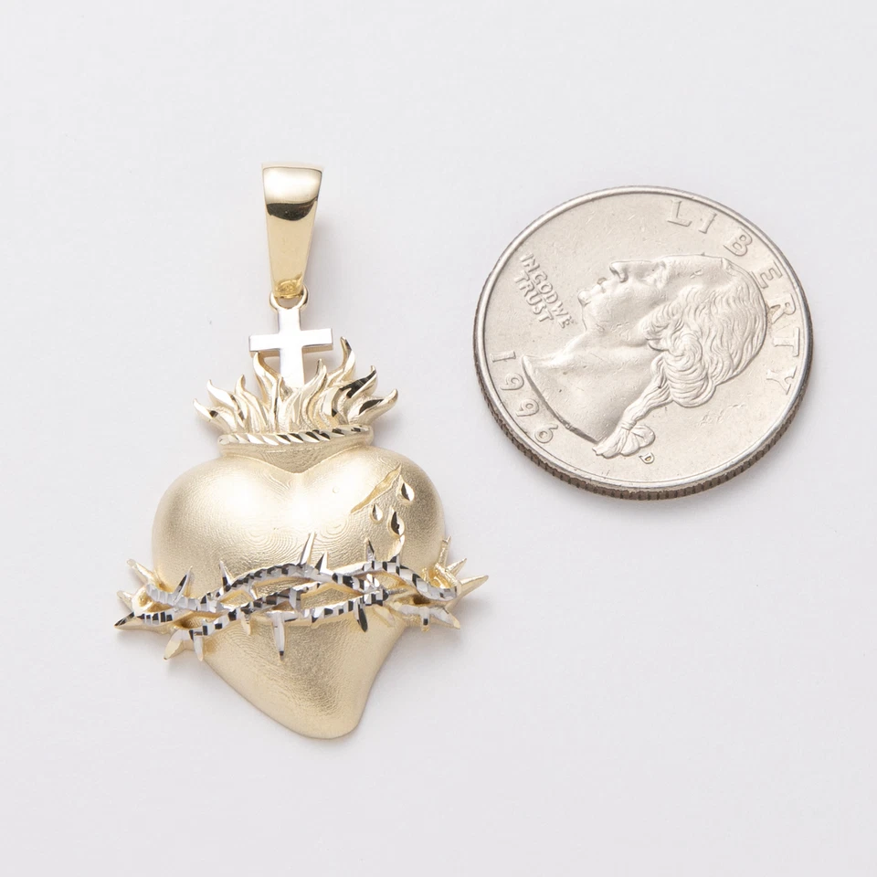 Pingente Sagrado Coração Sagrado Sagrado 1 3/4" Ouro Branco Amarelo 14K - Imagem 3 de 4