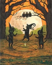 8X10 Print OF PAINTING RYTA HALLOWEEN BLACK CAT WITCH Salem Magic Folk Art 🎃