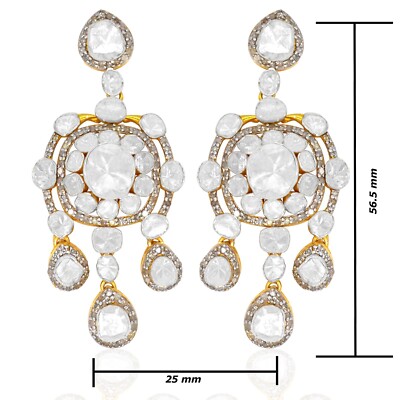 925 Sterling Silver 18k Gold Plated Natural Diamond Polki Womens Earrings Pair
