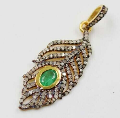 Slice Diamond Pendent, 925 Sterling Silver Gold Polish Emerald Gemstone Pendant - Picture 1 of 4