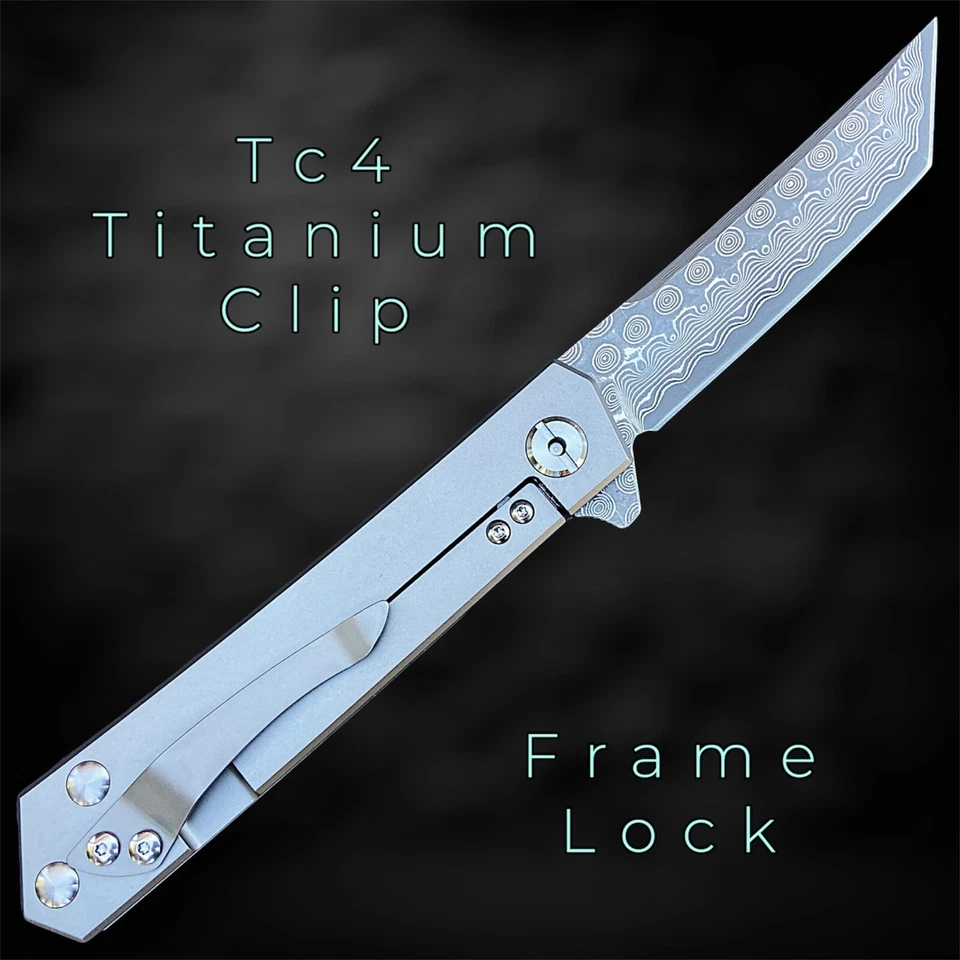 Faca dobrável Full Tc4 Titanium EDC! Lâmina de aço Damasco! Pivô de rolamento de esferas - Imagem 3 de 4