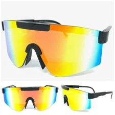 Oversize 80s RETRO SPORTY WRAP AROUND Style SUNGLASSES Big Black Frame Gold Lens