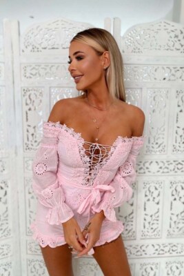 Womens Lace Long Sleeve V Neck Off Shoulder Romper Jumpsuit Casual
