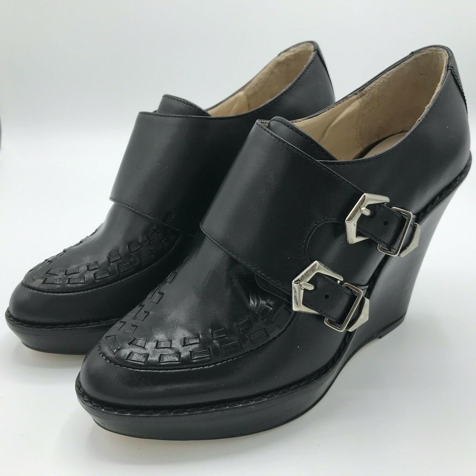 ZARA Mujer Negro Plataforma Cuña Hebilla Blucher Cuero Talla 7 1/2 Nuevo en Caja