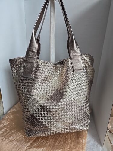 Elliot Lucca Large Shoulder Bag Tote Metallic Gold Silver woven Leather
