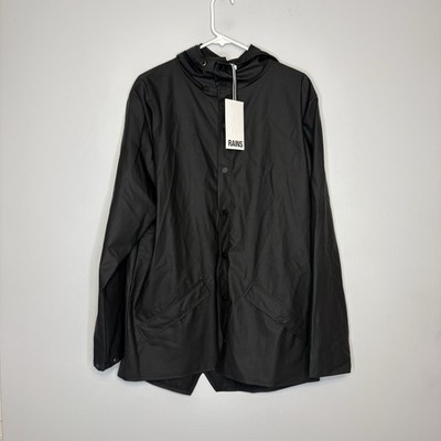 Rains Waterproof Hooded Rain Jacket Black 12010 Button Up Size Medium NWT
