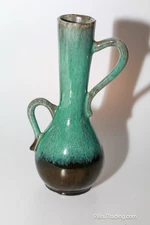 Evangeline Canada Double Handle Ewer Vase Green Drip Glaze Vintage 1950s Pottery