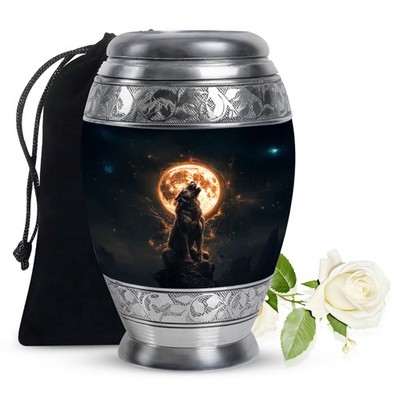 Native Wolf Memorial Large Urns for Ashes Men, Handmade Urn (10 Inch)