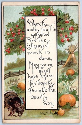 Postcard Thanksgiving Turkey Pumpkins Apple Tree Harvest Art HBG HB Griggs HT06