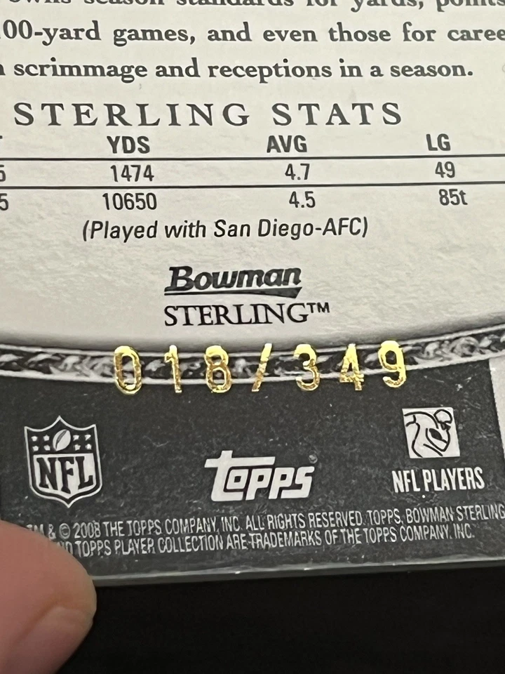 LADAINIAN TOMLINSON 2008 Bowman Sterling Blue Game Used JERSEY PATCH Card /349! - Image 3 of 3