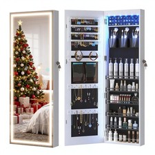 LVSOMT LED Mirror Jewelry Cabinet, Wall/Door Mount Jewelry Armoire Organizer