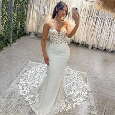 Elegant Mermaid Wedding Dresses Lace Backless Strapless Sweep Train Bridal Gowns