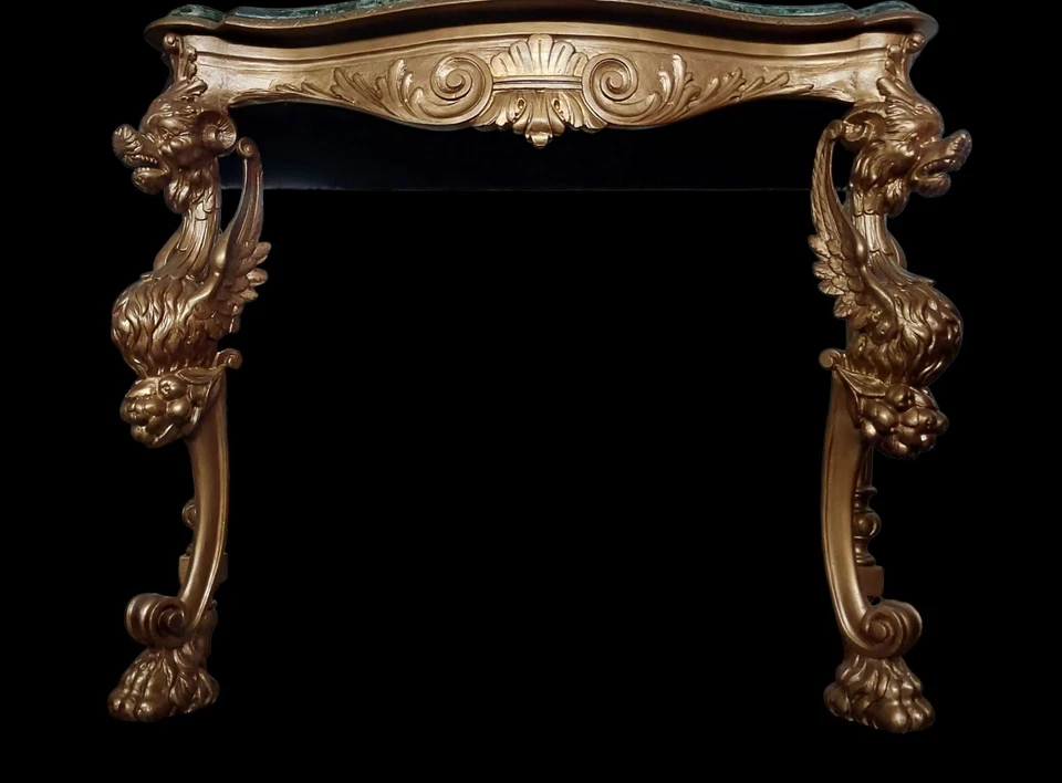 CONSOLE DE MESA RENASCENTISTA GÓTICO ANTIGO FIGURA GÁRGULAS ESCULPIDAS EM MADEIRA MÁRMORE - Imagem 3 de 4